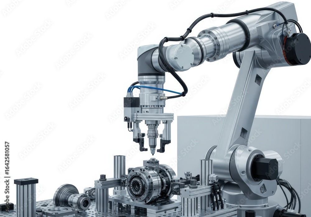 Industrial robotic arm performing precision assembly isolated on white background Industrial robotic arm performing precision assembly isolated on white background