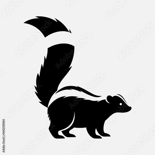 Stylized black and white skunk silhouette with bushy tail raised.