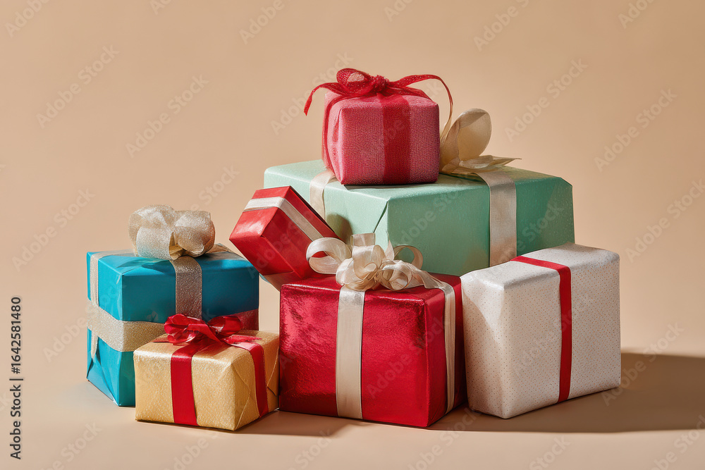 Fototapeta premium joyful new year scene featuring array of beautifully wrapped gifts in bright festive colors on clean solid