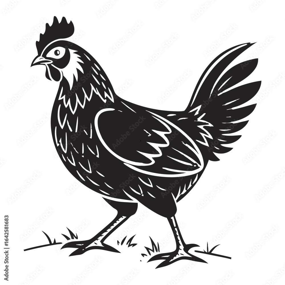Fototapeta premium Monochrome vector illustration of a chicken standing on grass. A silhouette icon perfect for farm, poultry, and organic food branding. 