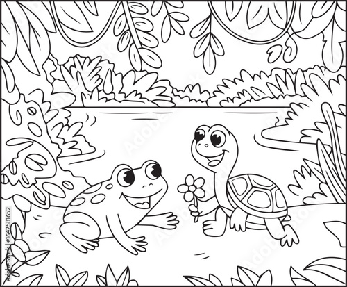Cute frog playing with tortoise coloring page for kids, black line art vector illustration for children's activity book design