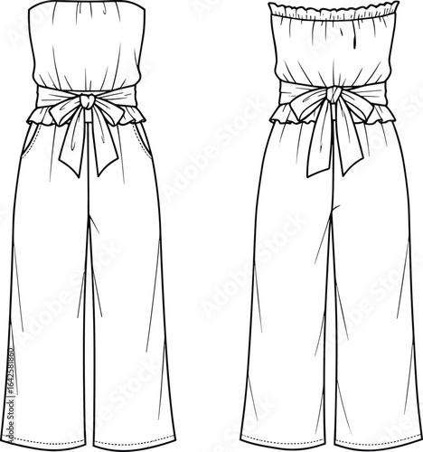 Fashion flat sketch of strapless wide leg jumpsuit with waist belt bow, technical CAD drawing, clothing vector illustration