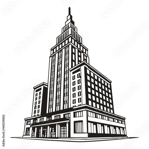 A classic skyscraper in a retro or Art Deco style. Black and white vector illustration of a tall city building, isolated on a white background.
