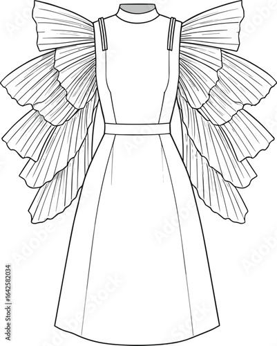 Fashion technical sketch, pleated ruffle sleeve dress, gown with layered flounce sleeves, high neck, belted waist, front view.