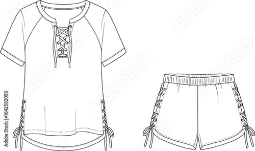 Fashion flat sketch, lace up top, lace up shorts, casual outfit design, vector illustration, technical drawing, sewing pattern, CAD template, apparel concept, detailed vector outline, sportswear 