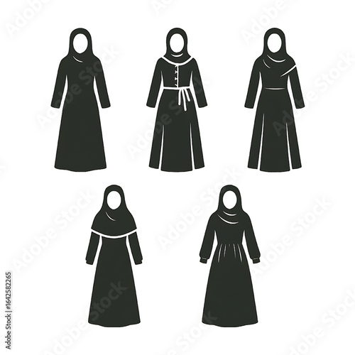 Collection of nun silhouettes in traditional religious habits. Set of vector figures representing Catholic sisters, faith, and convent life. Simple, respectful character illustrations.