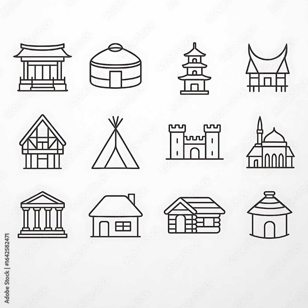 Fototapeta premium Collection of traditional houses and cultural landmarks from around the world. Line art icon set including a yurt, pagoda, teepee, and castle for travel or cultural designs.
