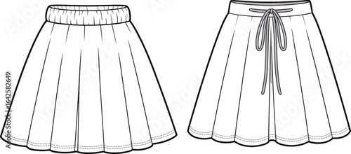Flared skirt front and back view with elastic waistband and drawstring detail, cad drawing, flat vector fashion technical illustration