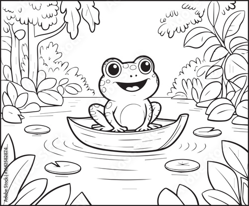 Cute frog sitting on a boat in lake water coloring page for kids, black line art vector illustration for children's activity book design