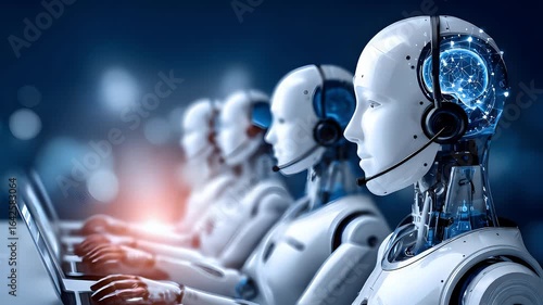 Robotic Customer Support Typing at Laptop in Dark Blue Tone
