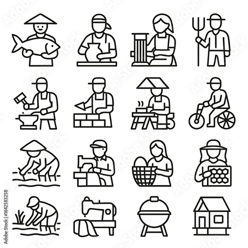 Indonesian daily life and occupations icon set. A collection of vector line art showing traditional jobs and activities like a farmer, satay seller, and pedicab driver.