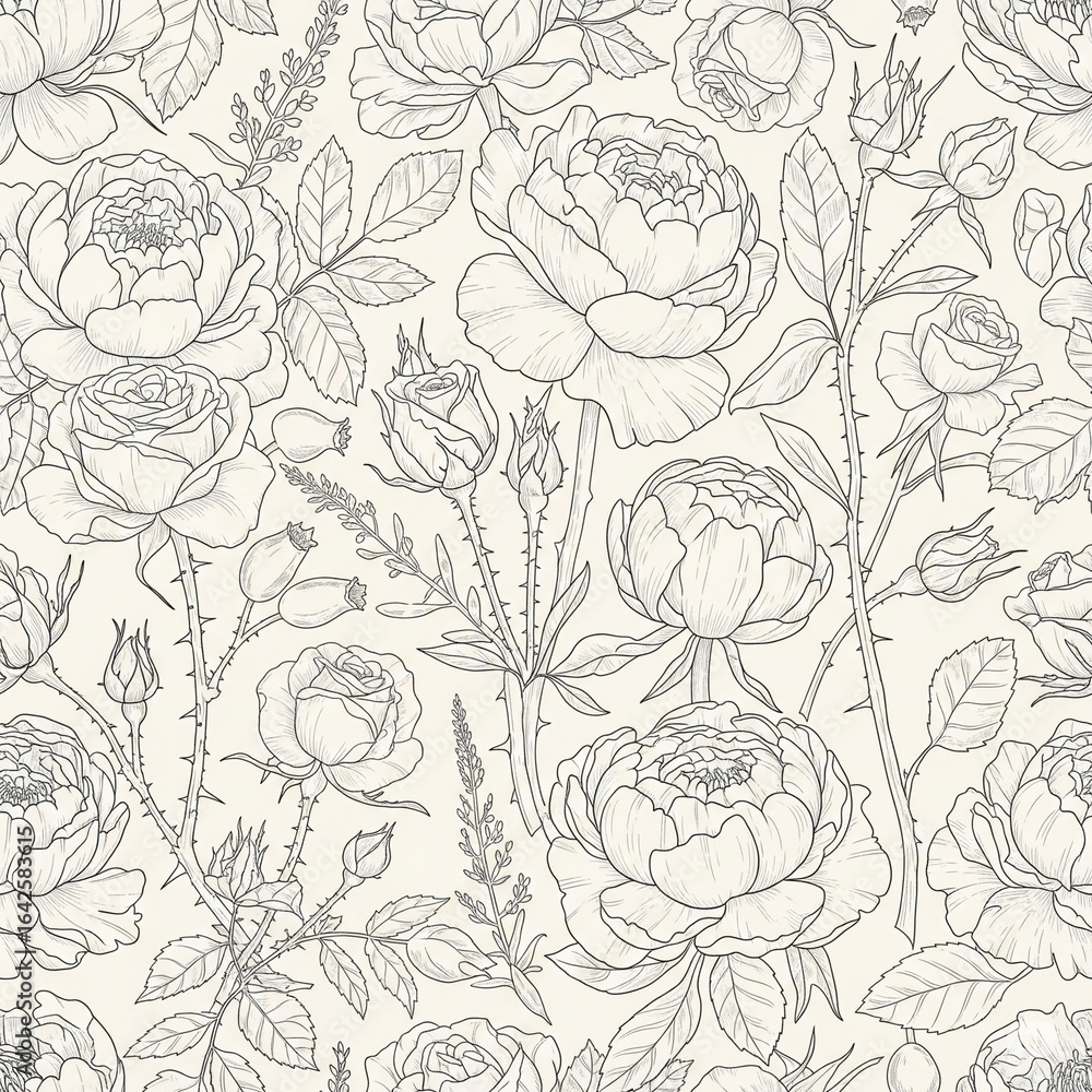 Fototapeta premium Seamless floral pattern of roses and peonies, hand-drawn line art vector, vintage look