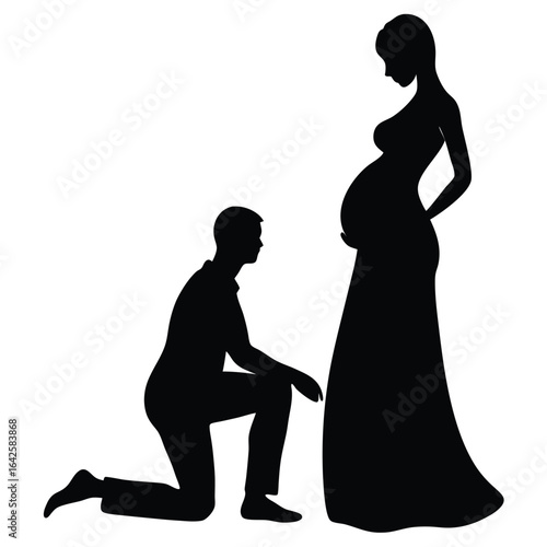 Pregnant woman and man kneeling silhouette