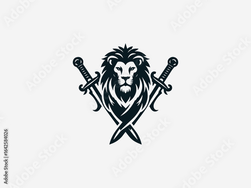 Majestic lion warrior holding crossed swords in powerful vector logo illustration