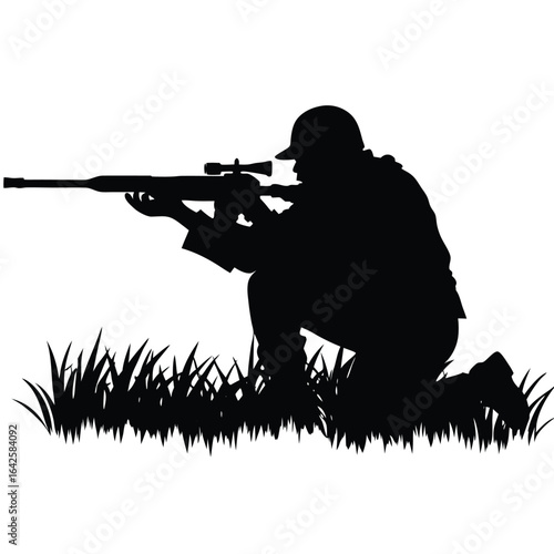 Silhouette of sniper aiming rifle in grass crouching