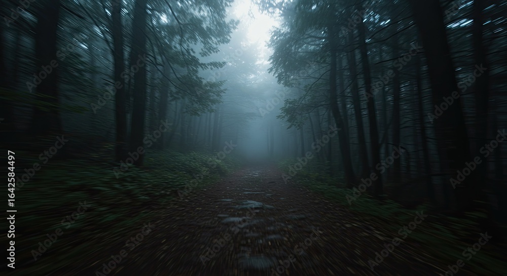Naklejka premium Eerie Forest Path with Motion Blur and Mystical Fog, Leading to a Bright Unknown