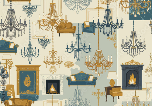 Elegant Chandeliers and Furniture Pattern in Gold and Blue Tones.