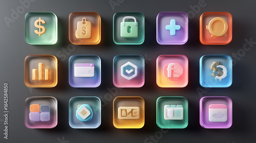 Transparent frosted glass morphism icons with neon gradient. 3d glassmorphism ui icon set of business, finance profit, money income or online shopping sign for mobile app. Realistic matte blur buttons