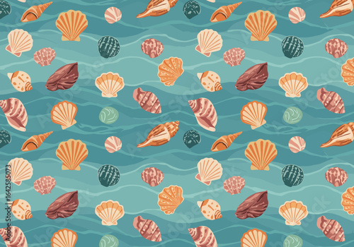 Seashells and Sea Stones Pattern on Blue Water Background.