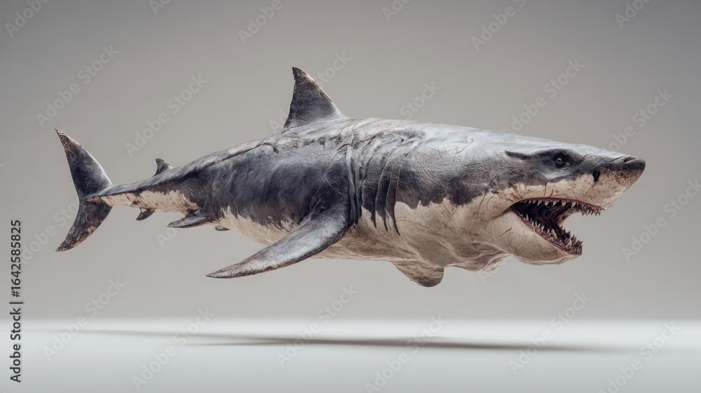 Naklejka premium Realistic cinematic prehistoric shark monster, ancient scars, fierce expression, isolated on pale background