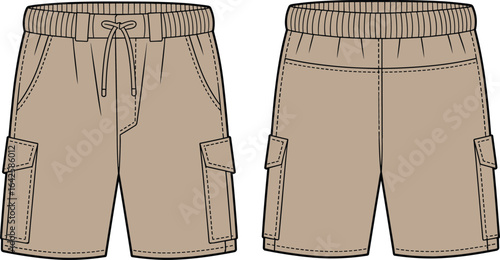 Cargo shorts technical flat sketch, casual men’s wear vector template, front and back view, drawstring waistband design illustration