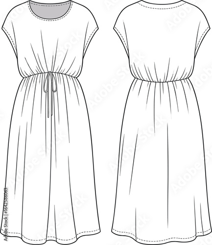 Casual midi dress front and back technical flat sketch, cinched waist with drawstring, vector fashion cad drawing, sewing illustration