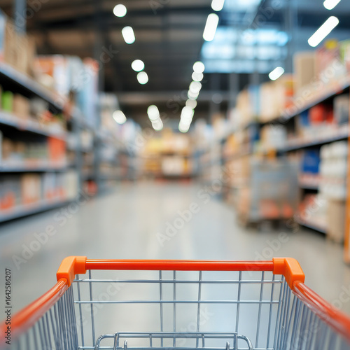 Shopping cart in a large retail store aisle with blurred background