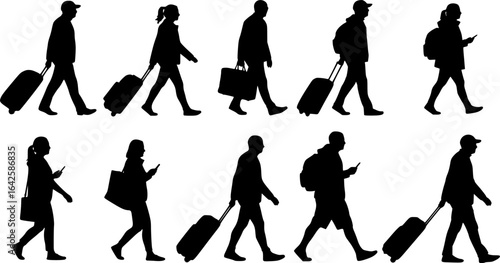 silhouettes of people walking , Silhouettes of people walking with luggage and bags travel on transparent background , no background	