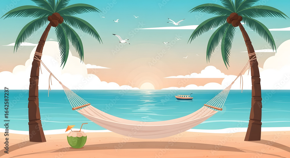 Naklejka premium Tropical Hammock Scene with Palm Trees, Sandy Beach and Sea View
