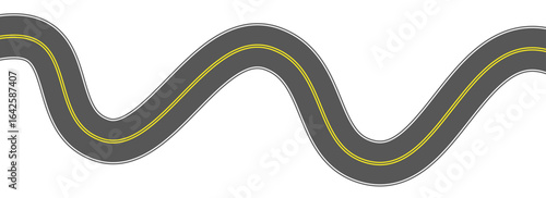 Top view winding road. Wavy highway lane or curved race track. Bend street road route. Town or city pavement asphalt path patten. Wiggly roadway drive stripe. Vector