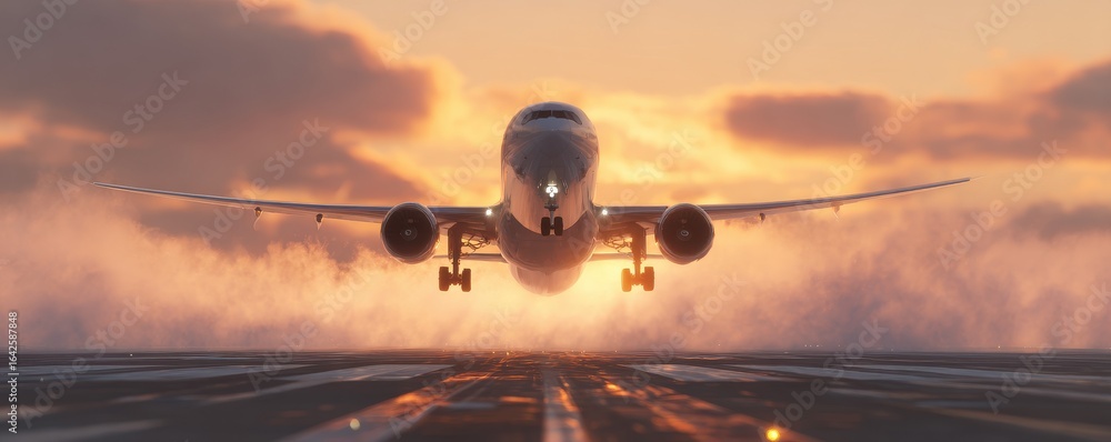 Naklejka premium Airplane Taking Off at Sunset Front View of Jet on Runway with Landing Gear