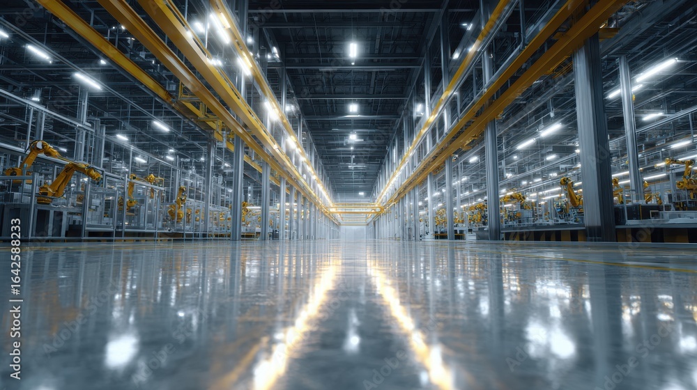 Fototapeta premium Automated factory floor reflects light under high metal structure in a modern interior