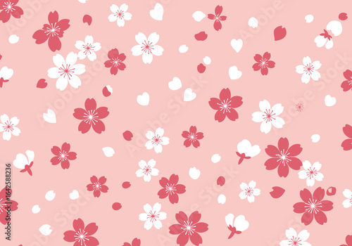 Pink Background with Cherry Blossoms and Petals Pattern.
