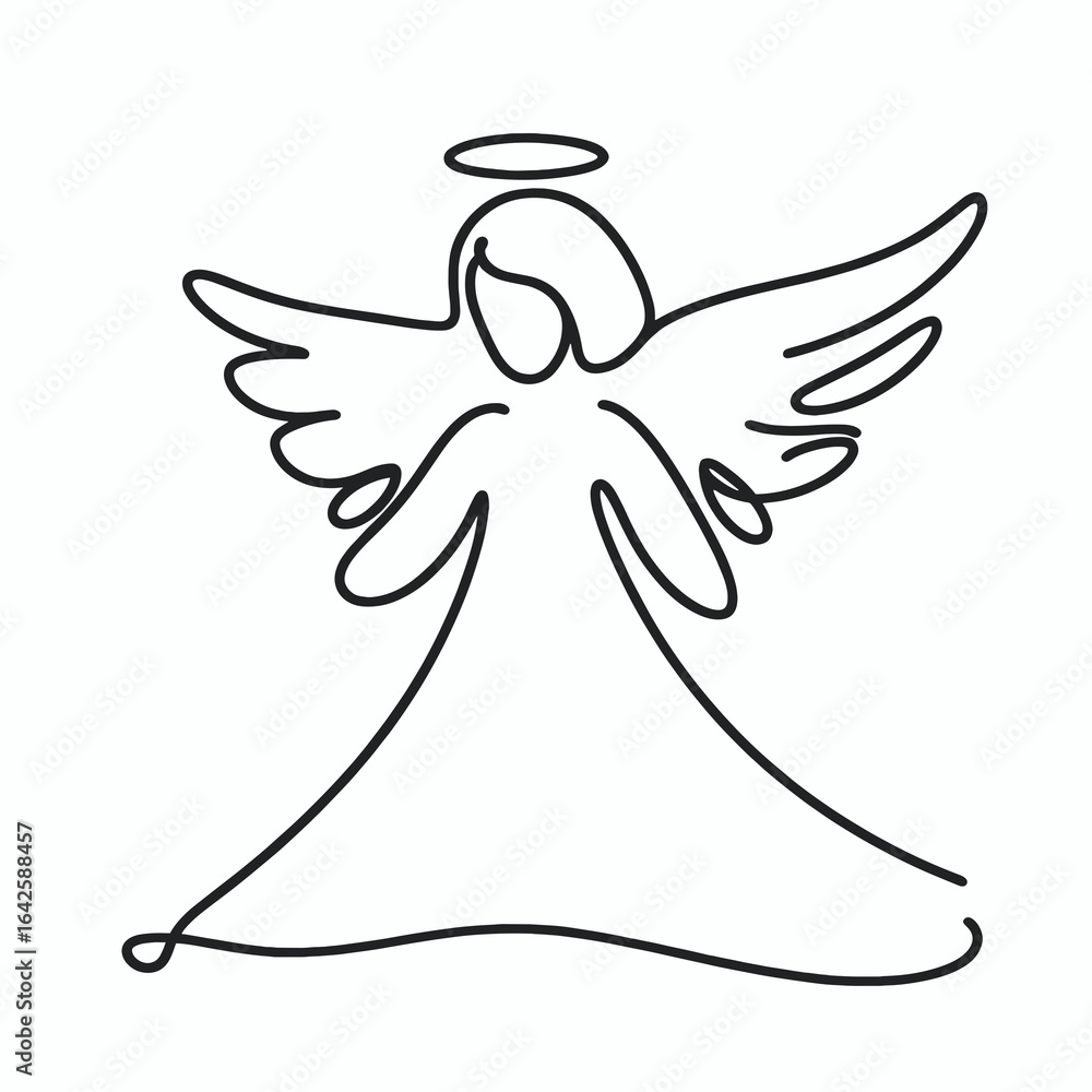 Obraz premium Simple line drawing of an angel with wings and a halo