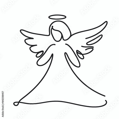 Simple line drawing of an angel with wings and a halo  