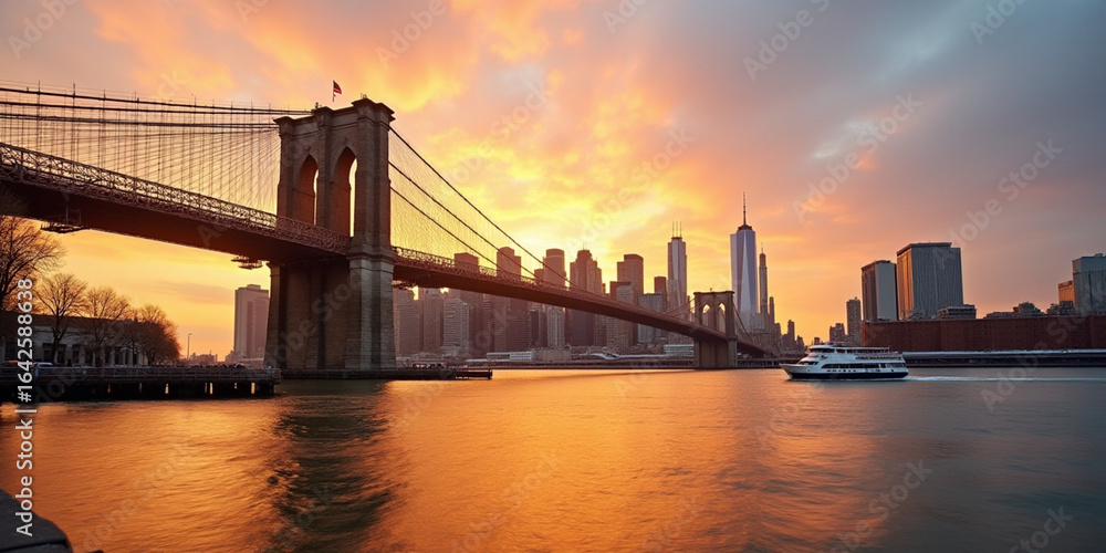 Fototapeta premium Brooklyn bridge and manhattan skyline at sunset