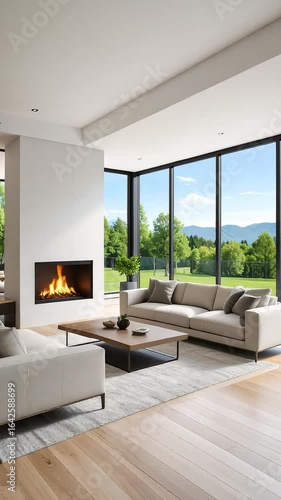 Modern living room interior design with large windows