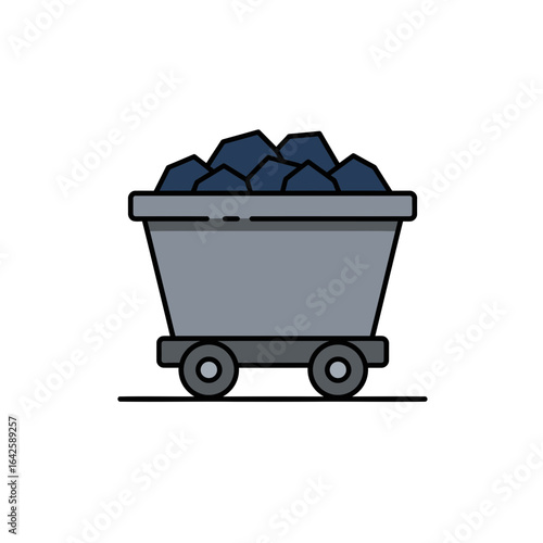 Gray Mine Cart Filled with Coal on White Background