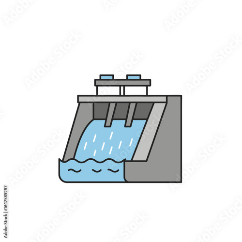 Gray Dam with Water Flowing, Simple Flat Illustration
