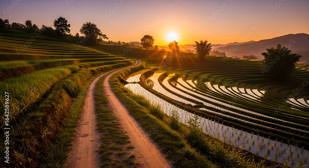 Fototapeta premium Lush Green Rice Terraces with a Winding Path at Sunrise
