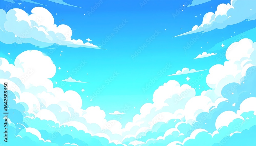 Fototapeta premium Bright Blue Sky With Fluffy White Clouds Illuminated by Sunlight During Daytime