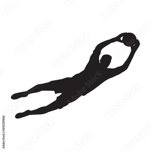 Football goalkeeper silhouette diving to save ball mid-air on white background
