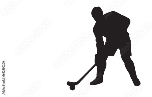 Hockey player silhouette stopping ball with stick trap on white background
