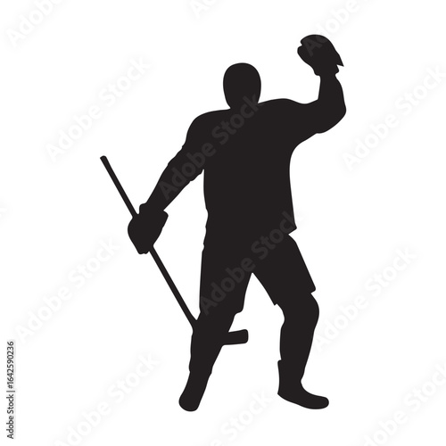 Hockey player silhouette celebrating with stick raised on white background
