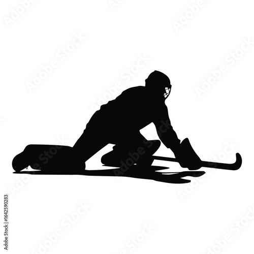 Hockey goalkeeper silhouette lunging to save ball on white background
