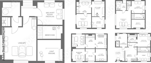 Collection of modern residential house floor plans, black and white architectural layout, blueprint design, home planning, real estate illustration