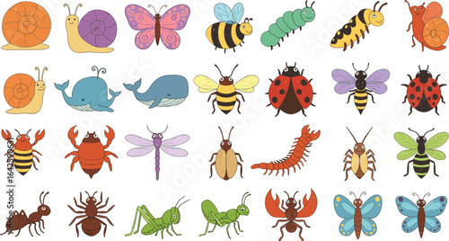 Collection of cute cartoon insects, bugs, butterflies, snails, bees, and sea animals for kids educational books, posters, and crafts