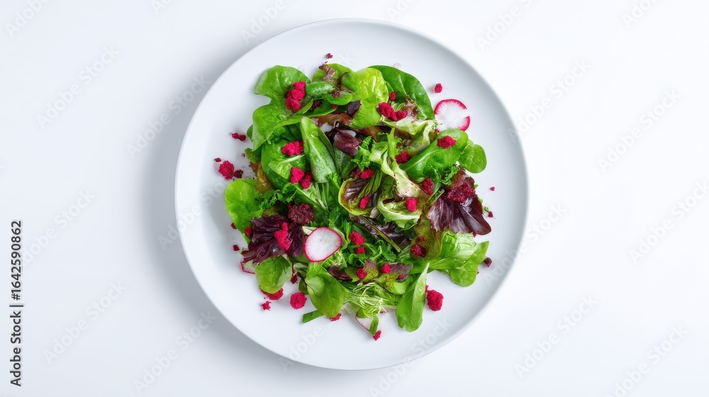 Elevated top view displays a salad with radishes and greens on a white plate Elevated top view displays a salad with radishes and greens on a white plate