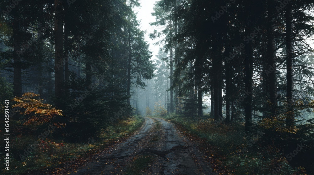 Obraz premium Foggy autumn road winds through dark coniferous forest filled with fallen leaves