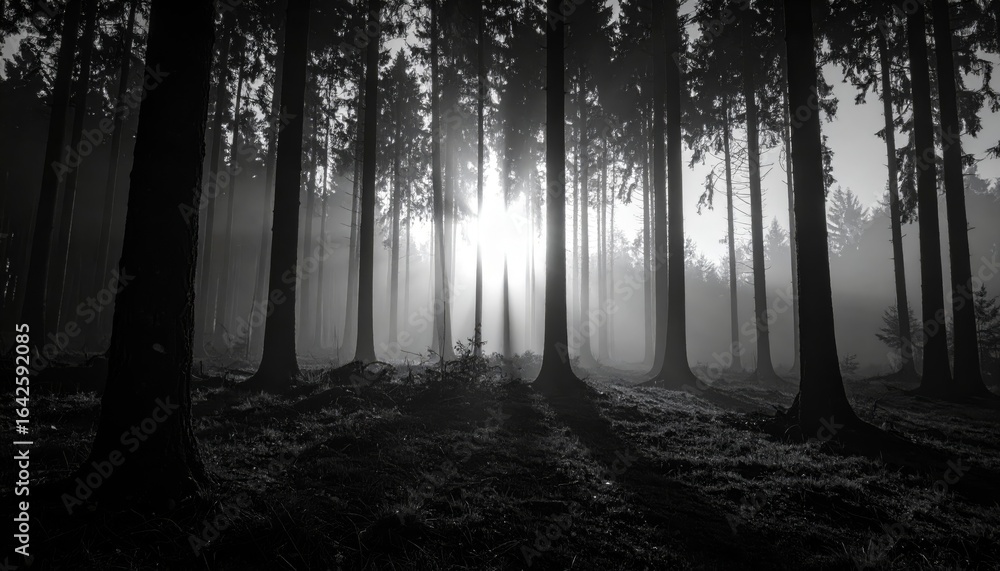 Naklejka premium Ethereal Sunbeams Pierce a Silhouetted Forest in Dramatic Monochrome